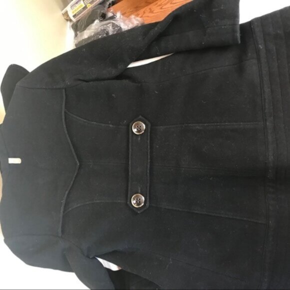 Mackage Wool Leather Fitted Car Coat Large Collar Pockets Wool Pea Coat Jacket - Picture 8 of 16